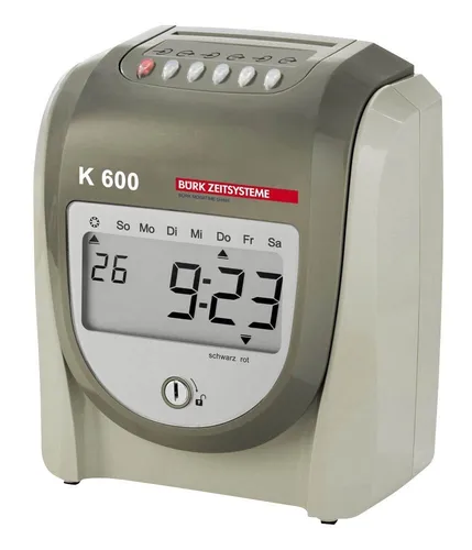 Bürk Mobatime K 600 Stempeluhr - Automatische Zeitregistrierung, großes LCD-Display und 4 Druckformate für flexible Zeiterfassung