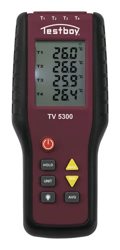 Testboy Vier-Kanal-Thermometer TV 5300 - Zimmerthermometer mit 4 Anschlussmöglichkeiten für K-Type-Fühler, ideal für Heizungsrohre, inklusive Hartschalenkoffer für sicheren Transport.