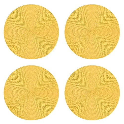 Tischset 4er Set rund 35 cm Honig Platzset geflochtene Optik Untersetzer abwaschbar Platzdeckchen Tischuntersetzer wasserabweisend pflegeleicht Esszimmer