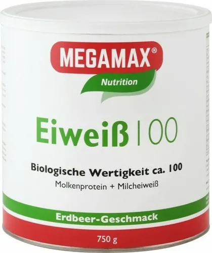 Eiweiss 100 Erdbeer Megamax 750 G - Sportnahrung, eiweißreiches Getränkepulver mit 80 g Protein pro 100 g, ideal zur Unterstützung beim Muskelaufbau und während kalorienreduzierter Diäten.