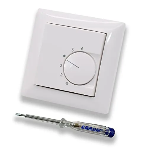 Halmburger UP Raumthermostat Raumtemperaturregler RTR-5510rg in Busch Jäger Balance SI alpinweiß im 1-fach Rahmen 1721-914 inkl. EBROM Phasenprüfer zur Montage des Geräts RTR-5510 (rg) Fußbodenheizung