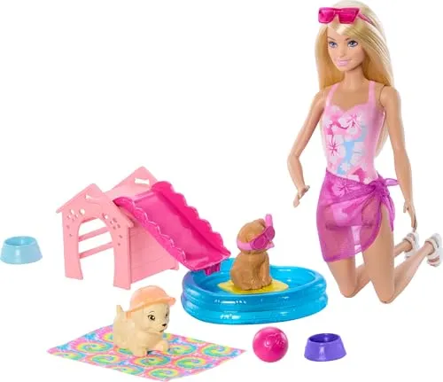 Barbie Puppy Pool Party - Aloha Blonde - Puppen Set für kreative Pool-Partys, fördert die Vorstellungskraft und sorgt für fantasievolle Abenteuer mit Barbie und ihren tierischen Freunden.