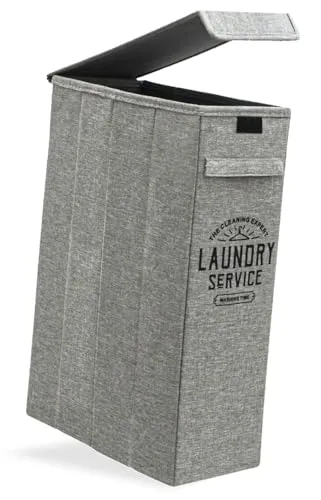 DuneDesign 20 cm Schmaler Wäschekorb mit Deckel - Faltbare Wäschekörbe - Raumsparendes Design mit 50L Volumen, ideal für enge Nischen neben Waschmaschine oder im Bad. Stabiler Holzrahmen und praktischer Tragegriff.