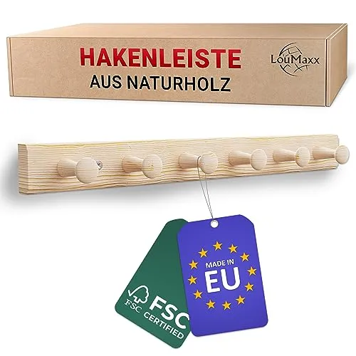 LouMaxx Garderobenleiste Holz aus Kiefer mit 6 Holzhaken – Hakenleiste Holz für Kinderzimmer – Garderobenleiste Kinder – unbehandelt, FSC zertifiziert, Made in EU
