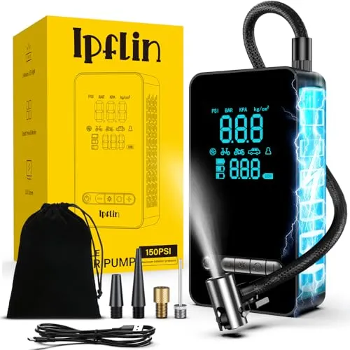 Ipflin Elektrische Luftpumpe, 150 PSI Tragbare Akku Kompressor 12V 5000mAh, Wiederaufladbarer Luftpumpe Fahrrad mit LED-Licht, Elektrische Fahrradpumpe für Auto, E-Bike, Motorrad