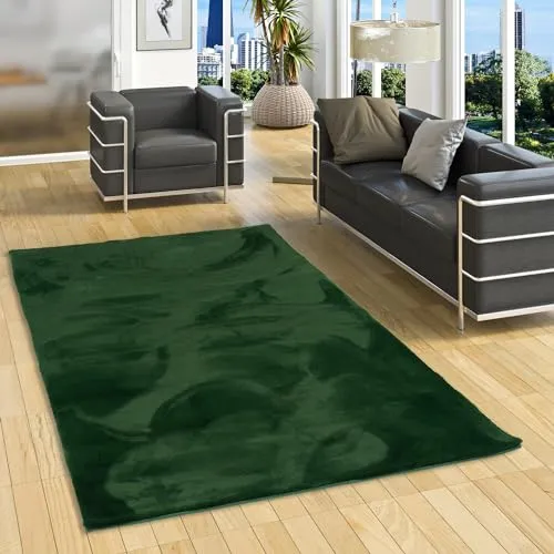 Pergamon Luxus Super Soft Kunst Fellteppich Plush Grün Tannengrün | Super Flauschig | Wohnzimmer Schlafzimmer Kinderzimmer