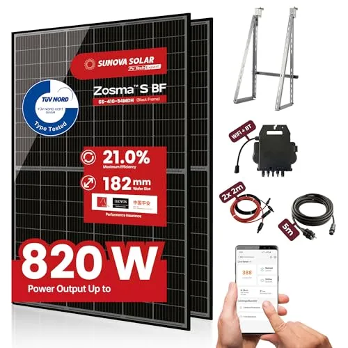 Balkonkraftwerk 820 Watt Komplettset mit 2 x 410W Mono-PERC Solarmodulen der Marke Sunova Solar, Steckdose, Wechselrichter von APsystems, 5 Meter Schukokabel, 2 x 2 Meter DC Kabel, mit Halterung