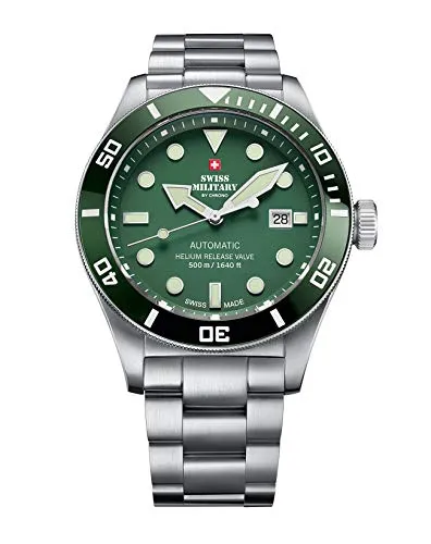 Swiss Military SMA34075.03 Automatik Herrenuhr 44mm - Sportlich, 50ATM Wasserdicht - Kategorie: Herrenuhren - Diese sportliche Automatik-Herrenuhr bietet eine beeindruckende Wasserdichtigkeit von 50 ATM und ein elegantes Design in Silber und Grün.