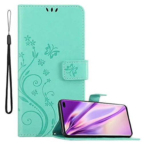 Cadorabo Hülle für Samsung Galaxy S10 PLUS - Türkis Blumen Design, schützt und bietet Standfunktion sowie Kartenfächer für mehr Komfort