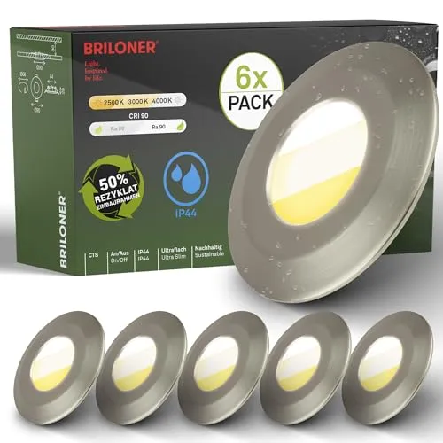 BRILONER - 6er Set LED Bad Einbaustrahler 230V Gehäuse 50% recycelt, Farbtemperaturwechsel, IP44, Ra90, LED Spot, flach, Deckenspots, Einbauleuchten, Badezimmer, 90x30mm (DxH), Nickel-Matt