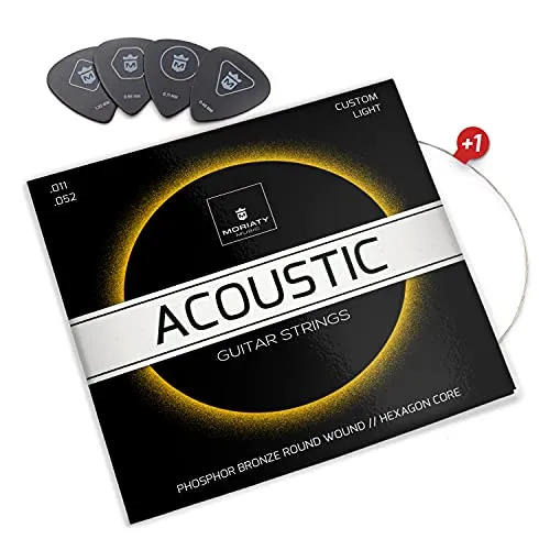 MORIATY® Gitarrensaiten für Westerngitarre - Premium Stahl Phosphor-Bronze (7 Saiten-Set) für Western-Gitarre & Akustikgitarre | INKLUSIVE: 4 Plektren + Extra hohe E-Saite