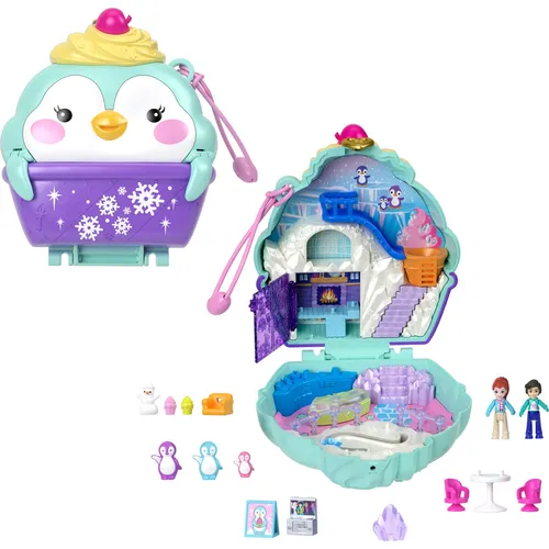 Fisher-Price Polly Pocket Winterliche Pinguin Schatulle - Spielset mit 2 Puppen, 12 Accessoires und 6 Winter-Wunderland-Elementen, ideal für kreative Abenteuer im Schnee