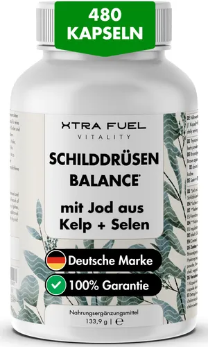 XTRA FUEL Thyro Kelp Komplex - Schilddrüsen Kapseln 480 St - Nahrungsergänzungsmittel zur Unterstützung der Schilddrüse, rezeptfrei und in praktischer Kapsel-Form für eine einfache Einnahme.