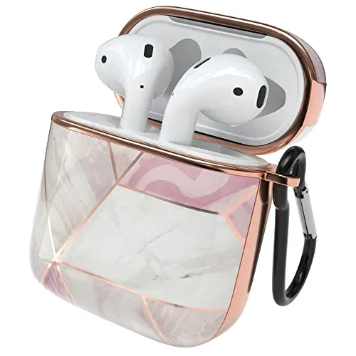EAZY CASE - Schutzhülle für AirPods 1 & 2 Hülle Pink Hard Case Stoßfest mit Karabiner geeignet als Schlüsselanhänger Antikratz Etui rutschfest Hardcase für Airpod 2. / 1. Generation Rosé Marmor Design