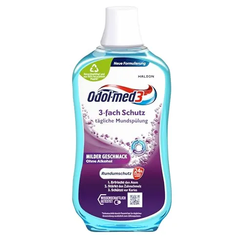 Odol-med3 Mundspülung, 3-Fach Schutz, alkoholfreie Mundspülung, stärkt den Zahnschmelz und erfrischt den Atmen, 500 ml