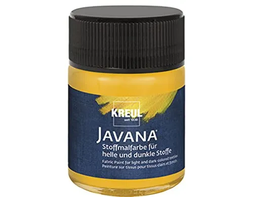 KREUL 91967 - Javana Stoffmalfarbe für helle und dunkle Stoffe, 50 ml Glas goldgelb, brillante Farbe auf Wasserbasis, pastoser Charakter, zum Stempeln und Schablonieren, nach Fixierung waschecht