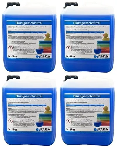 FABA Flüssigwaschmittel Konzentrat 4 x 5 L - Waschmittel für bunte und weiße Wäsche, sorgt für optimale Reinheit und langanhaltenden Duft. Inklusive gratis Ausgießer, geeignet für alle waschbaren Textilien von 30° bis 95°.