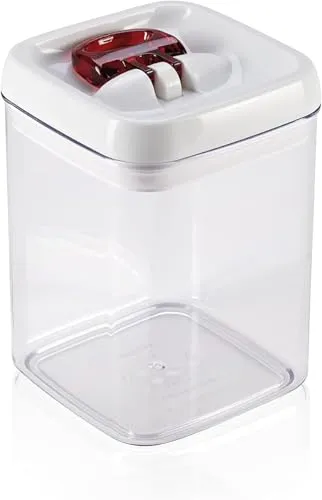 Produktbild Leifheit Fresh and Easy Vorratsbehälter 1, 6L, eckig, luft- und wasserdichte Vorratsdose mit patentierter Einhand-Bedienung, Frischhaltedose, stapelbare Aufbewahrungsboxen, transparent, rot