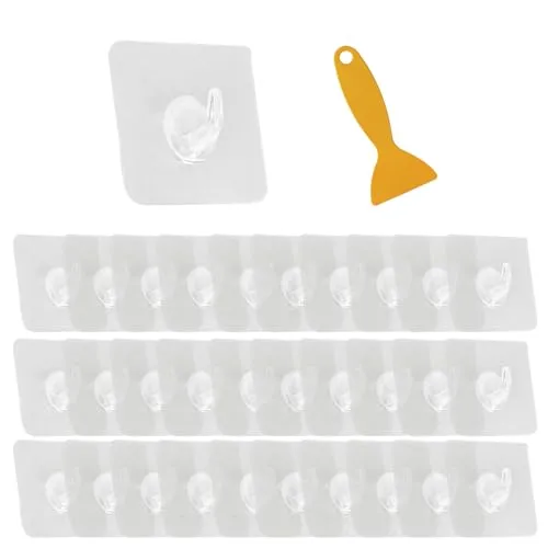 Eckerdromk 30 Stück selbstklebende Horn-Haken, transparent wasserdicht mit Schaber, selbstklebend Küchen- und Badezimmertopf