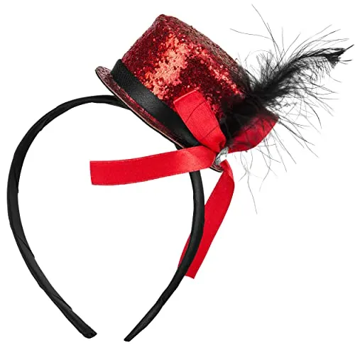 Balinco Mini Zylinder hut Haarreif für Damen & Herren – Glitzer Partyhut, Unisex Halloween, Karneval, Fasching, Silvester & Kostüm-Accessoire, Rot