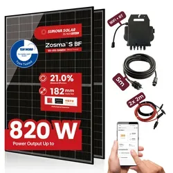 Balkonkraftwerk mit 2x410W Solarmodule der Marke Sunova Solar SS-410-54MDH, 800W Wechselrichter APsystems EZ1-M, 5m Schutzkontaktkabel, 2 x 2m DC Kabel, ohne Halterung
