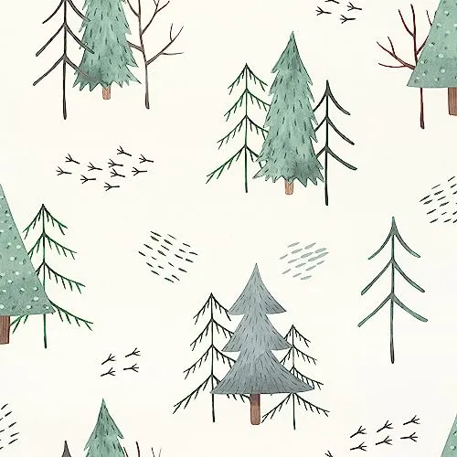 Rasch Tapete 300734 - Weiße Vliestapete für das Kinderzimmer mit grünen Bäumen in Aquarell-Optik - 10,05m x 0,53m (LxB)