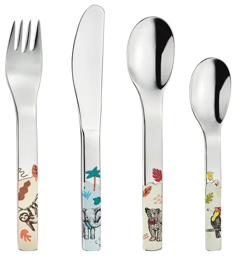 PURESIGNS Kinderbesteck NATURA (4-tlg) - Menübesteck aus rostfreiem Edelstahl 18/10, plastikfrei und ideal für kleine Essanfänger. Mit buntem Wildtiere-Motiv für ein fröhliches Essvergnügen!
