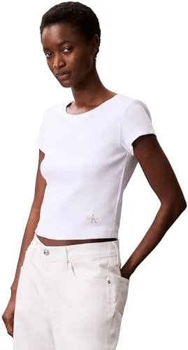 Calvin Klein Damen T-Shirt Kurzarm Woven Label Rib Baby Tee - Sweatshirts - Ikonisches Design mit sportlichem Look, optimaler Passform und hohem Tragekomfort für jeden Anlass.
