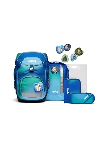 ergobag Pack Set Dschungelbär - Ergonomischer Schulrucksack 6-teilig für die 1. Klasse - Schultaschen-Set mit ergonomischem Rucksack, der sich individuell anpasst. Inklusive Sportrucksack, Heftbox und gefülltem Federmäppchen für optimale Organisation.