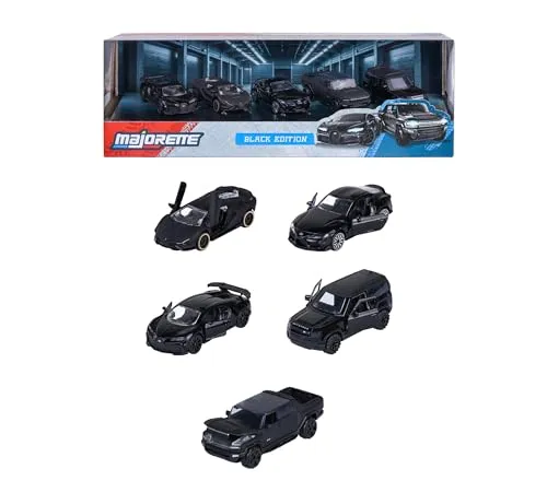 Majorette Auto-Set Black Edition (5 Autos) - Exklusive Modellautos in Schwarz - Das Majorette Auto-Set Black Edition bietet 5 beeindruckende Modellautos in edlem Schwarz. Jedes 7,5 cm große Auto überzeugt mit Freilauf und Federung - ideal für Sammler und kleine Rennfahrer ab 3 Jahren.