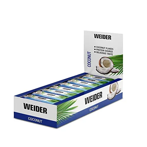 WEIDER Fitness Proteinriegel mit Kokos - 24er Box - Gewichtsmanagement Riegel, leckerer Eiweißriegel mit hoher Proteinmenge und Überzug aus Vollmilchschokolade, ideal für Snacks unterwegs oder nach dem Training.