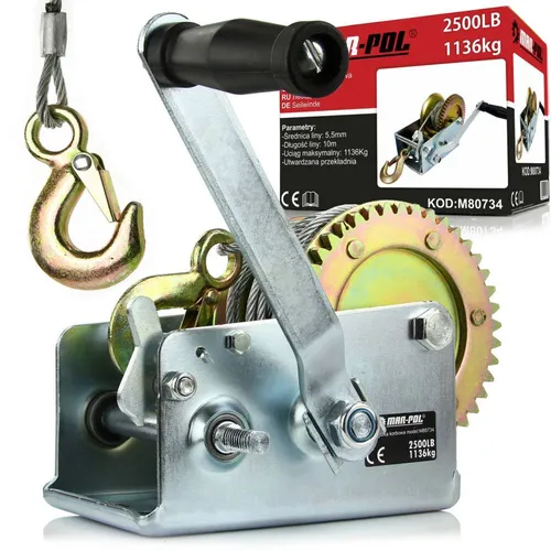 Handkurbel-Seilwinde 1136 kg, 10 m Stahlseil, 2 Gänge - Handwinde für vielseitige Anwendungen, mit Sicherheitsmechanismus und robustem Stahlrahmen. Maximale Traglast von 1136 kg, ideal zum Heben und Ziehen von schweren Lasten.
