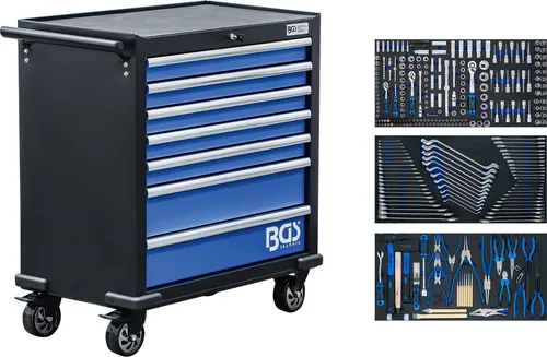 BGS 6063 Werkstattwagen XL mit 301 Werkzeugen - Robuster Werkstattwagen mit 7 Schubladen, ausgestattet mit 301 hochwertigen Werkzeugen und Kugelführungen für reibungslosen Zugriff. Ideal für professionelle Werkstätten.