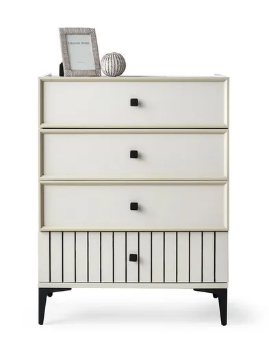 Elegante Kommode mit 4 Schubladen in Beige - Moderne Kommode für das Kinderzimmer mit 4 Schubladen, 75 x 48 x 98 cm, für stilvollen Stauraum und Ordnung. Ein zeitgemäßes Möbelstück mit eleganten schwarzen Akzenten.