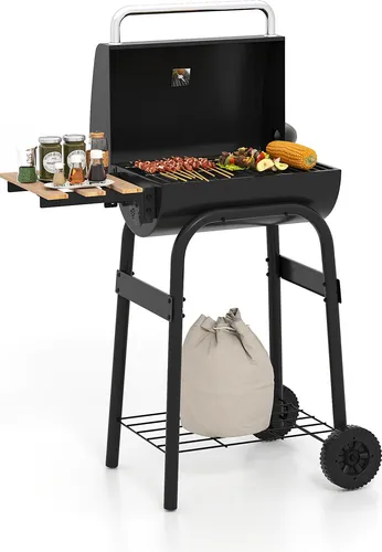 KOMFOTTEU Holzkohlegrill mit Seitenablage & Rollen - Großzügige Grillfläche von 0,13 m² für vielseitige Grillgerichte. Mobil und flexibel dank stabiler Rollen. Praktischer klappbarer Seitentisch und Ablagefach für Ordnung und Komfort beim Grillen.