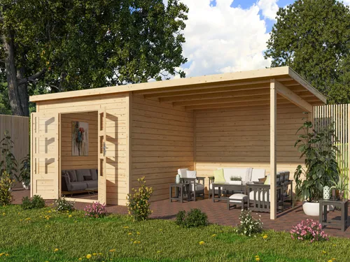 Karibu Gartenhaus Wacken 8 mit Anbau 28 mm - Hochwertiges Gartenhaus Wacken 8 in Blockbohlenbauweise mit 4 m Anbau. Robuste 28 mm Wandstärke und elegantes Pultdach bieten Stabilität und ästhetischen Charme. Ideal für zusätzlichen Stauraum oder als geschützter Terrassenbereich.