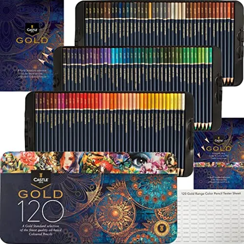 Castle Art Supplies 120 Buntstifte-Set (Gold-Standard) | Hochwertige Farbkerne auf Ölbasis, spitzer & widerstandsfähiger gegen Bruch | Für erfahrene Künstler, Farbkünstler | Präsentationsbox aus Blech