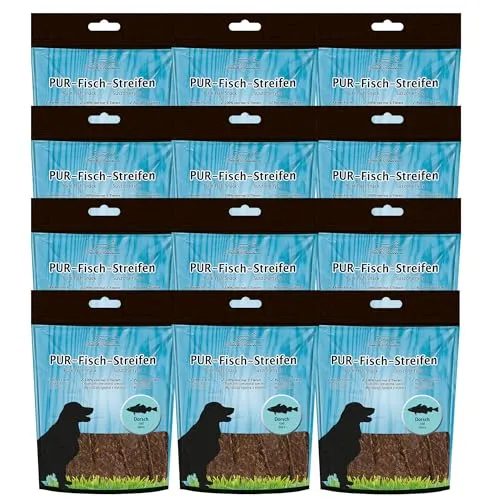 Schecker Dörrfisch - PUR Fisch Streifen Dorsch - 12x100g für Hunde - Hochwertiger Hundesnack aus reinem Dorsch, gluten- und getreidefrei. Ideal für Welpen und aktive Hunde, ohne Zusätze für ein besonderes Geschmackserlebnis.