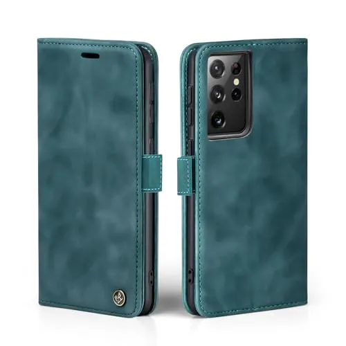 LBH Handyhülle für Samsung Galaxy S21 Ultra 5G in Petrol Blau mit Karten- und Geldfach Smartphone Hülle mit Standfunktion Flip Case Schutzhülle Magnetverschluss Vintage