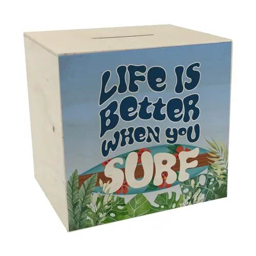 Spardose aus Holz mit schönem Surfbrett Motiv und Spruch - Life is Better When You surf sommerliche Spardose aus Holz als Geschenk für Surfer die auf EIN neues Surfbrett oder auf