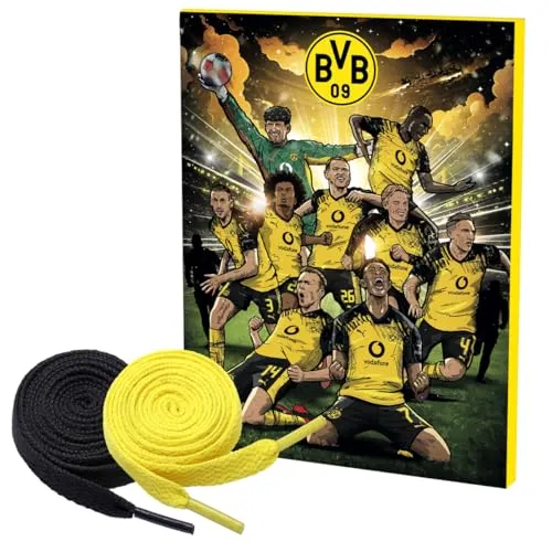 BVB Comic Kalender Adventskalender mit Fan-Schnürsenkeln - Adventskalender im Comic-Design mit 24 Schokotäfelchen und Autogrammkarten, perfekt für BVB-Fans und zur Vorfreude auf Weihnachten.