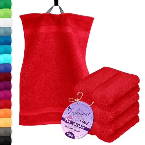 Lashuma 4er Badezimmer Set Händehandtücher Rot - Scharlach, Linz Frottee Gästetücher 30x50 cm