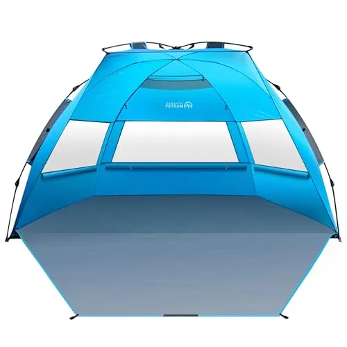 OutdoorMaster Strandmuschel Pop Up, 3-4 Personen Strandzelt mit UPF 50+ UV Schutz, einfacher Aufbau in 60 Sekunden, wetterfestes Campingzelt mit abnehmbarem Dachfenster (Blau)