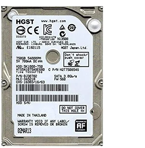 Hitachi HGST HTS541075A9E680 750GB - Interne Festplatte mit 5400rpm, ideal für leise und energieeffiziente Speicherlösungen in Laptops und kompakten PCs.