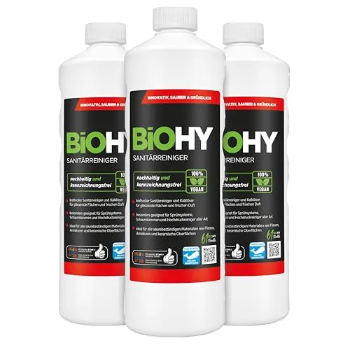 BiOHY Sanitärreiniger (3 x 1 Liter) | Bio Kalklöser Konzentrat für den Sanitärbereich | EXTRA STARKER Badreiniger gegen Urin | befreit Dusche & WC von Kalk & Schmutz | frischer Erdbeer-Duft