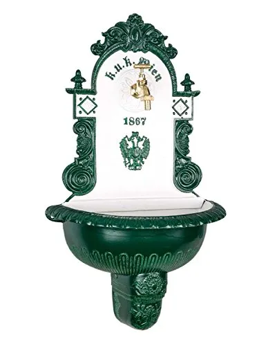 Aubaho Dekoobjekt Waschbecken Brunnen 72cm - Antiker Wandbrunnen aus Aluminiumguss, handgefertigt mit Messingwasserhahn. Ideal für Garten oder Terrasse, verleiht jedem Außenbereich einen eleganten Vintage-Look.