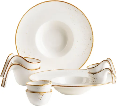 MÄSER Gourmetset 8-tlg. WEISS mit braunen Punkten - 8-teiliges Porzellan Geschirrset im modernen Vintage-Stil, mikrowellen- und spülmaschinengeeignet, ideal für jeden Tag und besondere Anlässe.