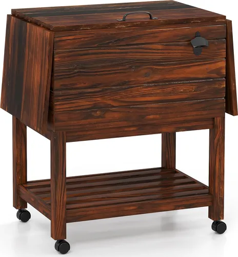 COSTWAY Kühlwagen Holz, Getränkewagen mit 2 Seitenablagen, Flaschenöffner & unterer Ablage, Servierwagen, Beistellwagen, Kühlbox, Eiswagen