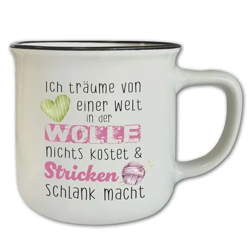 Vintage Tasse mit Spruch T97 ″Ich träume von einer Welt...″ Motivtasse Geschenk Wolle Stricken Häkeln Retro Keramik 330 ml