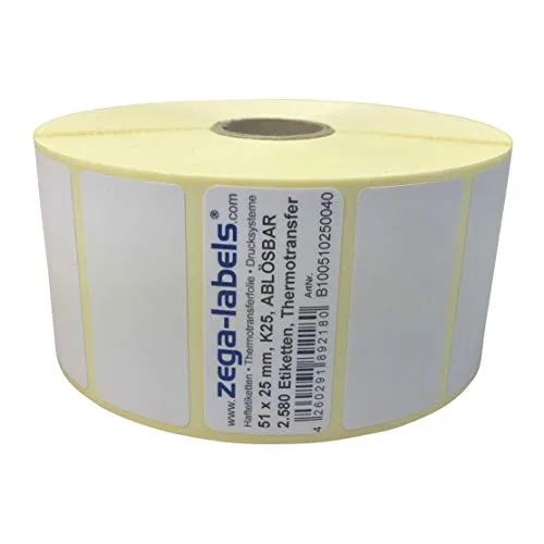 Thermotransfer Etiketten auf Rolle - 51 x 25 mm - 2.580 Stück je Rolle - Kern: 25 mm - aussen gewickelt - WIEDER ABLÖSBAR - Druckverfahren: Thermotransfer (Drucken mit Farbband)